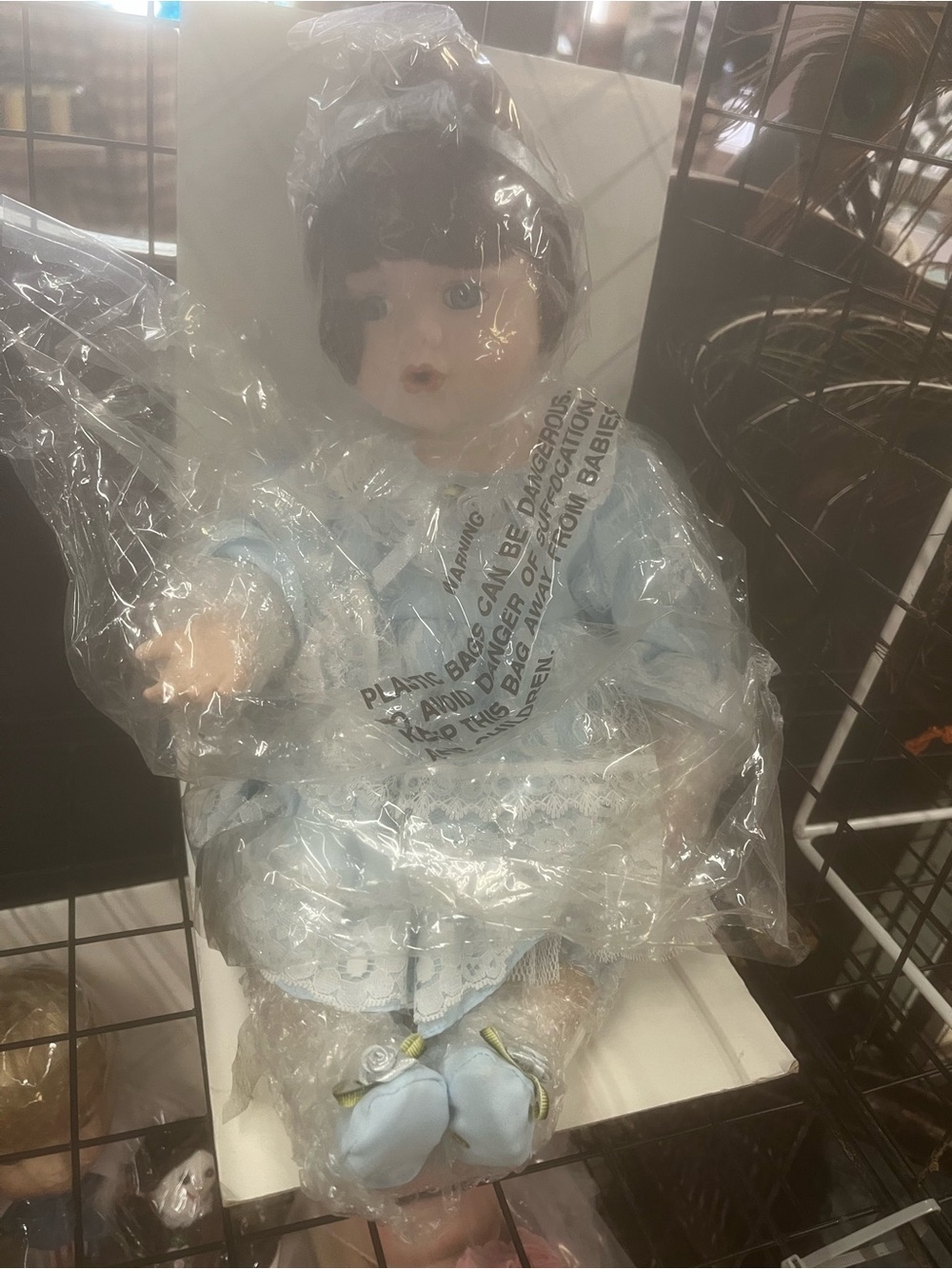 Vintage Porcelain Baby Doll in Pale Blue Outfit